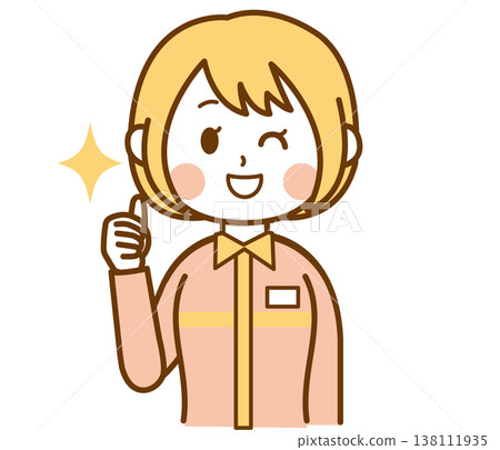 插圖描繪了一位身穿制服的便利商店女店員豎起大拇指的場景。 138111935