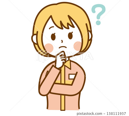 插圖描繪了一位身穿制服的便利商店女店員，她的頭頂上方漂浮著一個問號。 138111937