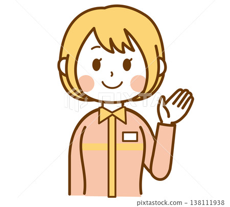 An illustration of a female convenience store clerk wearing a uniform, pointing towards the store. An illustration of a female convenience store clerk wearing a uniform, pointing towards the store. 138111938