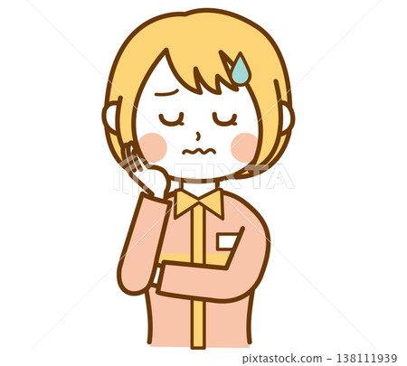 An illustration of a female convenience store clerk in a uniform with a troubled expression. An illustration of a female convenience store clerk in a uniform with a troubled expression. 138111939