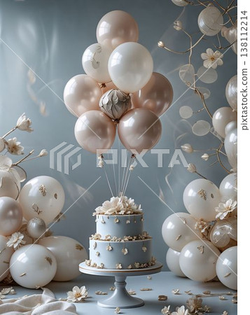 一個兩層藍色蛋糕和一束玫瑰金氣球,搭配留白較多的慶祝背景。 一個兩層藍色蛋糕和一束玫瑰金氣球,搭配留白較多的慶祝背景。 138112214