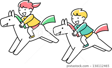 一個女孩和一個男孩騎著一匹小馬駒 138112465