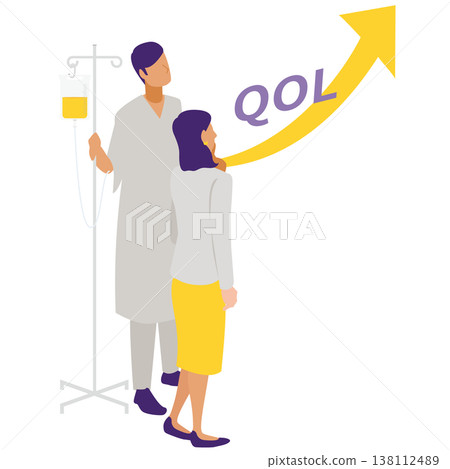 A medical illustration depicting a woman comforting a hospitalized patient, expressing her wish for an improvement in their quality of life (QOL). A medical illustration depicting a woman comforting a hospitalized patient, expressing her wish for an improvement in their quality of life (QOL). 138112489