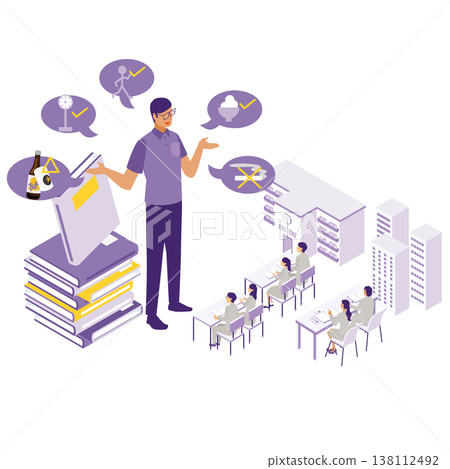 以等距視角描繪了一位講師在學校或辦公室教授生活方式改善課程的場景。 138112492