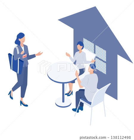Isometric illustration of a care manager visiting a client's home to provide advice on life planning. Isometric illustration of a care manager visiting a client's home to provide advice on life planning. 138112498