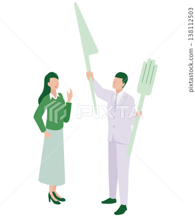 一幅等距插圖，描繪了一男一女拿著巨大的刀叉，以傳達食品教育和烹飪的重要性。 138112503