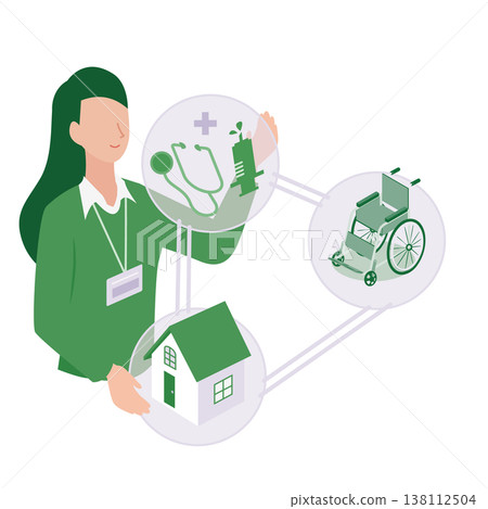 Isometric illustration of a professional who connects medical care, nursing care, and housing to support community-based integrated care. Isometric illustration of a professional who connects medical care, nursing care, and housing to support community-based integrated care. 138112504