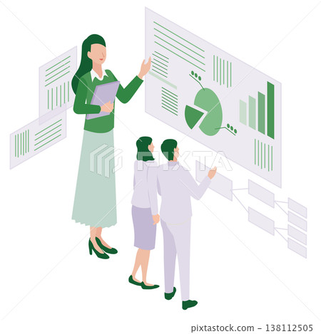 An isometric illustration of a team analyzing pie charts and statistical data on a giant display to formulate a strategy. An isometric illustration of a team analyzing pie charts and statistical data on a giant display to formulate a strategy. 138112505