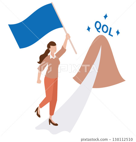 An isometric illustration of a woman raising a flag and marching toward the summit of her goal: improving her quality of life (QOL). An isometric illustration of a woman raising a flag and marching toward the summit of her goal: improving her quality of life (QOL). 138112510