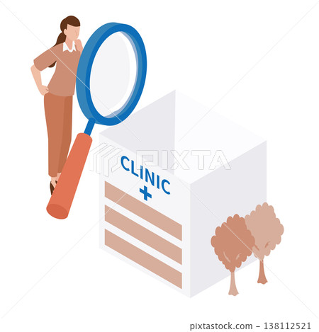 一幅等距插圖，描繪了一位女士使用巨型放大鏡查看當地診所和醫療機構的資訊。 138112521