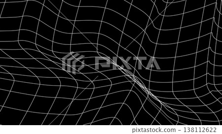 Abstract Wavy Grid Lines on Black Background, Futuristic Wireframe Perspective Abstract Wavy Grid Lines on Black Background, Futuristic Wireframe Perspective 138112622