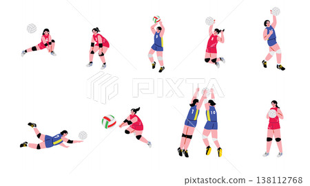 Illustration set of female volleyball players Illustration set of female volleyball players 138112768