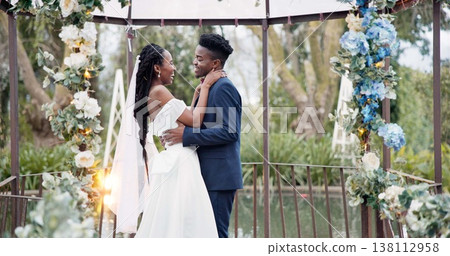 Wedding, dance and black couple in garden with love, celebration and excited future together. Gazebo, man and woman at luxury marriage reception with flowers, music and happiness at party in nature. 138112958