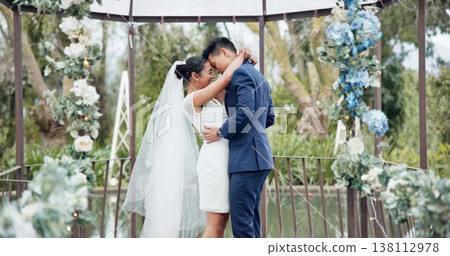 Couple, marriage and dance in connection for wedding with bride, laugh or happiness for smile. Committed partnership, support or romance for excited in unity with beauty, dress for ceremony outdoor 138112978
