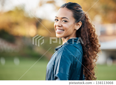 Woman, training and portrait in field, smile and excited for running, fitness or wellness in summer. Sports girl, happy and outdoor for exercise, workout or health for athlete development in sunshine Woman, training and portrait in field, smile and excited for running, fitness or wellness in summer. Sports girl, happy and outdoor for exercise, workout or health for athlete development in sunshine 138113008