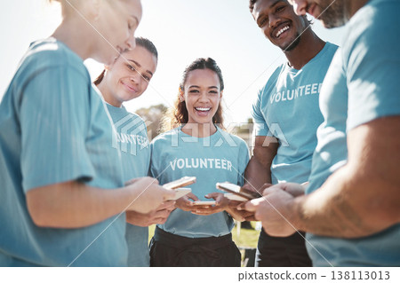 Volunteer team, phone and portrait of people in park for social media, online chat or charity website update. Community service, teamwork and happy group on smartphone for cleaning or recycle outdoor Volunteer team, phone and portrait of people in park for social media, online chat or charity website update. Community service, teamwork and happy group on smartphone for cleaning or recycle outdoor 138113013