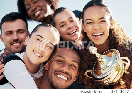 Portrait, teamwork and group with fitness, trophy and championship with celebration, excited and happiness. Face, men and women with success, achievement and winning with motivation, sports or energy 138113017