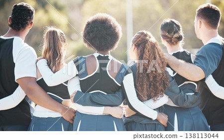 Cheerleader group, sports and people huddle for competition support, solidarity and audience watch game. Cheerleading, athlete team and dancer hug, back and crowd view contest, match or tournament Cheerleader group, sports and people huddle for competition support, solidarity and audience watch game. Cheerleading, athlete team and dancer hug, back and crowd view contest, match or tournament 138113044