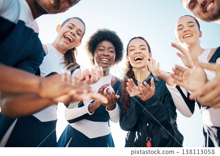 Cheerleader team portrait, applause or people excited for sports competition win, achievement or routine success. Cheerleading support, below view or dancer clap hands, celebrate or winner praise Cheerleader team portrait, applause or people excited for sports competition win, achievement or routine success. Cheerleading support, below view or dancer clap hands, celebrate or winner praise 138113058