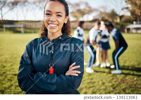 Coach, cheerleader and portrait of woman with team for sports training, exercise and workout. Fitness, teamwork and trainer with people for planning game performance, dance routine and competition 138113061