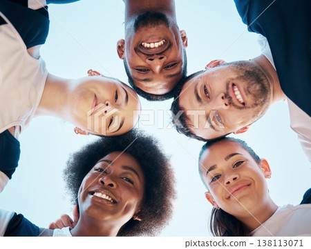 Cheerleader circle, portrait and face of happy team for sports competition support, huddle or group unity. Cheerleading synergy, below view and dancer solidarity, teamwork practice or fitness contest 138113071