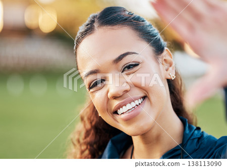 Happy, selfie and profile picture of woman outdoor in park, nature or garden and post of happiness on social media. Portrait, online and girl on holiday, vacation or break from college or university Happy, selfie and profile picture of woman outdoor in park, nature or garden and post of happiness on social media. Portrait, online and girl on holiday, vacation or break from college or university 138113090