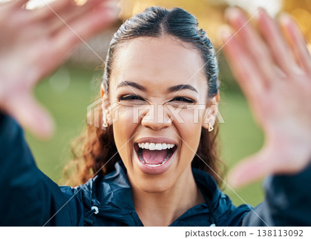 Selfie, face and an excited woman with energy outdoor for freedom or wellness on a blurred background in nature. Portrait, travel and adventure with a happy young person looking positive in summer Selfie, face and an excited woman with energy outdoor for freedom or wellness on a blurred background in nature. Portrait, travel and adventure with a happy young person looking positive in summer 138113092
