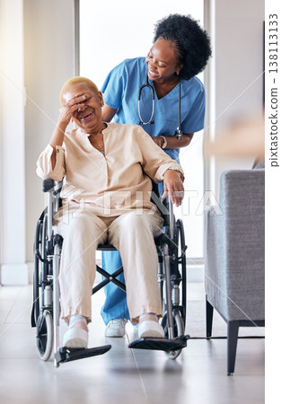 Nurse, senior woman and laugh with wheelchair, walk and care for rehabilitation, healthcare and chat. Caregiver, nursing home and elderly person with disability, recovery or funny talk in retirement Nurse, senior woman and laugh with wheelchair, walk and care for rehabilitation, healthcare and chat. Caregiver, nursing home and elderly person with disability, recovery or funny talk in retirement 138113133