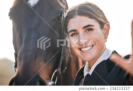 Selfie, equestrian and a woman with her horse on a ranch for sports, training or a leisure hobby. Portrait, smile or competition and a happy young rider in uniform with her stallion or mare outdoor Selfie, equestrian and a woman with her horse on a ranch for sports, training or a leisure hobby. Portrait, smile or competition and a happy young rider in uniform with her stallion or mare outdoor 138113157