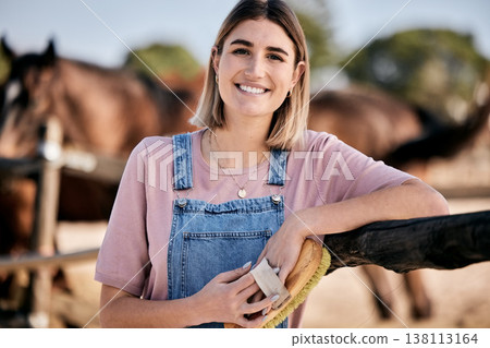Horse, portrait and woman with brush on ranch for animal, farm pet and grooming in countryside. Farming, cleaning and person with stallion for brushing mane for wellness, healthy livestock and care Horse, portrait and woman with brush on ranch for animal, farm pet and grooming in countryside. Farming, cleaning and person with stallion for brushing mane for wellness, healthy livestock and care 138113164