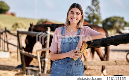 Horse, cleaning and portrait of woman with brush on ranch for animal care, farm pet and grooming in countryside. Farming, happy and person with stallion for wellness, healthy livestock and hygiene Horse, cleaning and portrait of woman with brush on ranch for animal care, farm pet and grooming in countryside. Farming, happy and person with stallion for wellness, healthy livestock and hygiene 138113165