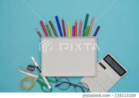 Back to school essentials with blank whiteboard Back to school essentials with blank whiteboard 138113189
