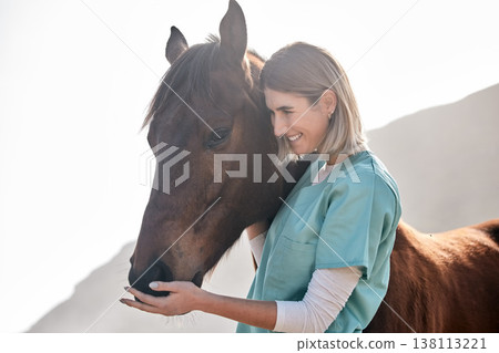 Horse doctor, care and smile outdoor at farm for health, care or happy with love for animal in nature. Vet, woman and equestrian healthcare expert in sunshine, countryside and helping for wellness Horse doctor, care and smile outdoor at farm for health, care or happy with love for animal in nature. Vet, woman and equestrian healthcare expert in sunshine, countryside and helping for wellness 138113221