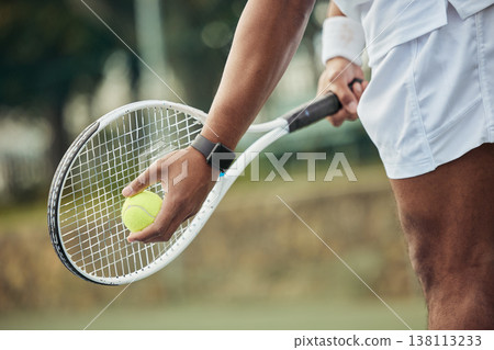 Hands of man, ball and racket for tennis, training and workout for healthy body, wellness and practice action. Sports, match and athlete ready to serve for exercise in competition, game or fitness Hands of man, ball and racket for tennis, training and workout for healthy body, wellness and practice action. Sports, match and athlete ready to serve for exercise in competition, game or fitness 138113233