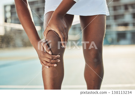 Woman, knee and athlete with injury, joint pain or hands on leg with emergency, accident or arthritis. Sore, legs and tennis player with sore body, tendinitis or medical crisis outdoor on court Woman, knee and athlete with injury, joint pain or hands on leg with emergency, accident or arthritis. Sore, legs and tennis player with sore body, tendinitis or medical crisis outdoor on court 138113234