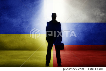 Business man, Ukraine and Russia flag for deal, choice and immigration from warzone with sanction. Politics, government and finance crisis in trading war, global conflict and entrepreneur silhouette 138113301