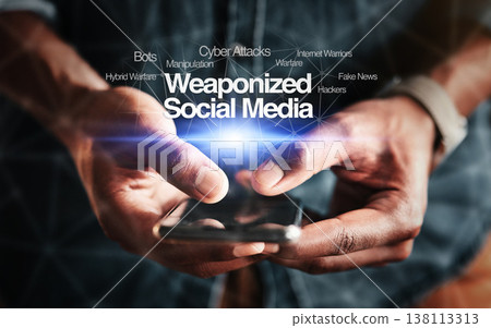 Hands, smartphone and online for crime with security, social media and weapon in closeup on overlay. Black, person and cybercrime for internet, web and defence of attack with technology by hacking 138113313