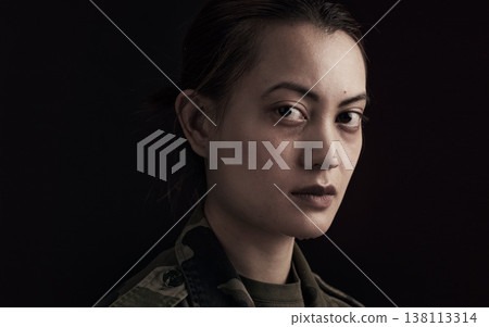 Portrait, soldier and face by black background for mental health with frustration, anxiety and depression. Mockup, Korean veteran and hero with trauma, ptsd and treatment for insomnia for memory 138113314