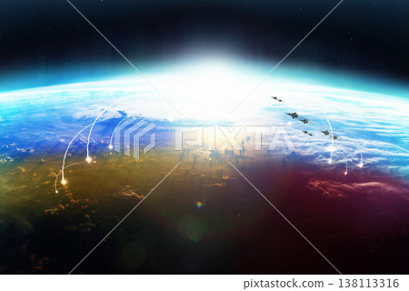 Nuclear missile, earth and war from space, Ukraine and Russia flag with overlay, apocalypse and conflict. Atom bomb, explosion or drone strike with planet, global fight and warzone in aerial view Nuclear missile, earth and war from space, Ukraine and Russia flag with overlay, apocalypse and conflict. Atom bomb, explosion or drone strike with planet, global fight and warzone in aerial view 138113316