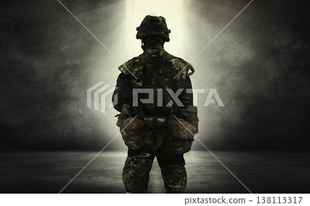 Soldier, back and ready for war, battlefield or fight for nation, government or land in Ukraine. Military agent, army service person and conflict in warzone for freedom, justice or courage on mission 138113317