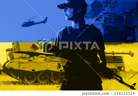Soldier man, gun and double exposure for Ukraine flag, war and fight for human rights, freedom or justice. Military service agent, tank and helicopter for conflict, shooting and apocalypse in warzone Soldier man, gun and double exposure for Ukraine flag, war and fight for human rights, freedom or justice. Military service agent, tank and helicopter for conflict, shooting and apocalypse in warzone 138113324