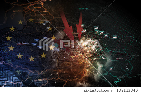 Ukraine map, war and satellite for Europe flag, arrow illustration and target in conflict with Russia. Global battlefield, warzone and fight for human rights, politics or freedom with double exposure 138113349