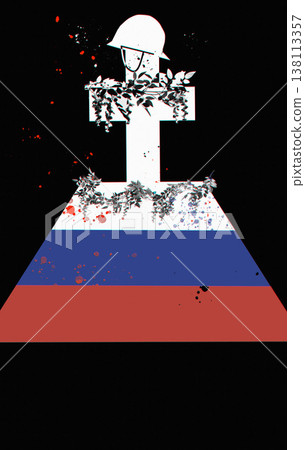 Soldier, grave and death in military battle with blood drops, flowers and memorial with black background. American flag, veteran and funeral with celebration in graveyard, mourning and sad of war Soldier, grave and death in military battle with blood drops, flowers and memorial with black background. American flag, veteran and funeral with celebration in graveyard, mourning and sad of war 138113357