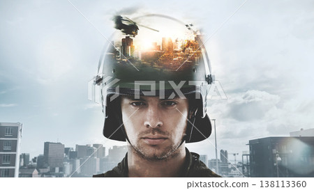 Soldier man, army and double exposure for war, city and helicopter with explosion, sad and stress in portrait. Warrior, hero and military service agent in helmet, bomb and warzone in Ukraine conflict Soldier man, army and double exposure for war, city and helicopter with explosion, sad and stress in portrait. Warrior, hero and military service agent in helmet, bomb and warzone in Ukraine conflict 138113360