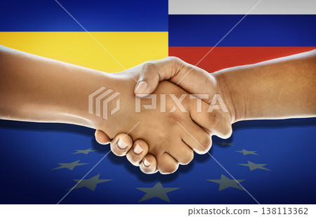 Handshake, Ukraine and Russia flag with peace agreement, respect and solution for conflict in Europe. People, shaking hands and yes in negotiation, vote or stop war for future, military or government Handshake, Ukraine and Russia flag with peace agreement, respect and solution for conflict in Europe. People, shaking hands and yes in negotiation, vote or stop war for future, military or government 138113362