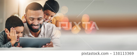 Banner, dad and children with games in living room, entertainment and learning on cartoon network. Diverse family, boys and father with happiness by streaming online, animation and education by video 138113369