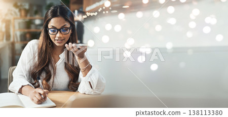 Business, banner and woman with phone call, writing and notebook with speaker, connection and conversation. Person, entrepreneur and freelancer with communication, smartphone and app with planning 138113380