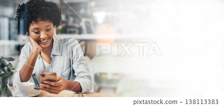 Banner, cafe and happy woman on smartphone, social media and reading email notification. Coffee shop, smile and person on phone for internet search, communication or mobile app on mockup space bokeh 138113383