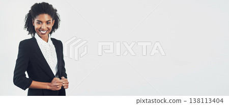 Smile, banner and portrait of businesswoman in studio with empty space for marketing or advertising. Happy, pride and professional female lawyer from Colombia isolated by white background with mockup 138113404