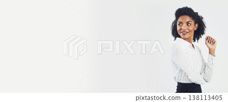 Mockup, banner and young businesswoman in studio with empty space for marketing or advertising. Happy, smile and professional female lawyer from Mexico with pride for mock up by white background. Mockup, banner and young businesswoman in studio with empty space for marketing or advertising. Happy, smile and professional female lawyer from Mexico with pride for mock up by white background. 138113405